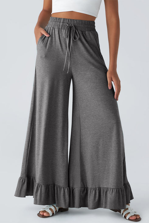 Pull On Elastic High Waist Drawstring Pocket Ruffle Hem Wide Leg Pants
